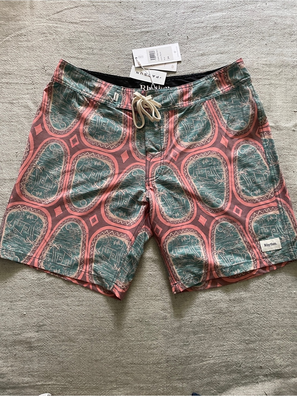 Rhythm. Men's Coral & Teal Patterned Hybrid Shorts